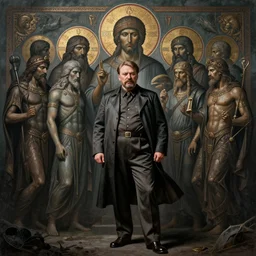 full - length pose, hyper - realistic photo of stalin summoning the ancient gods of the abyss, muted colour, deep shadows and light, super detail, very detailed drawing, 8 k, cinematic lighting, epic composition, orthodox icon stylisation, soviet poster stylisation, trendy art station, very high detail, stunning, hdr, smooth, sharp focus, high resolution, award winning photo, dslr, 5 0 mm