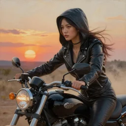 extremely detailed hyperrealistic oil painting, close - up of a woman dressed in leather with a hood riding a motorcycle, sunset, lots of dust and smoke clouds, rule of thirds