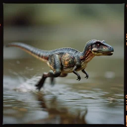 kodak portra 4 0 0, wetplate, 5 0 mm leica summicron f 1. 2, macro photo by national geographic of a tiny dinosaur running fast on water, fast shutter speed, motion blur, tiny gaussian blur, highly detailed, highly intricate, depth of field, low contrast, wide aperture, action photography