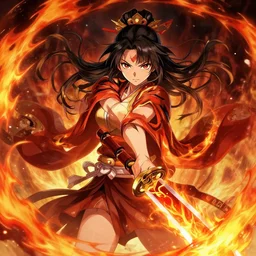 japanese fire warrior goddess with a flaming sword, epic character portrait, insanely detailed, digital art, pixiv, much wow, wallpaper.