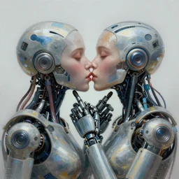 two cyborg machine kiss each other in victory kiss pose, wires bare, beautiful girl face, dreamscape, digital painting, concept art, 8 k, by brian sum and william - adolphe bouguereau