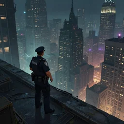 a lone police officer overlooking a ledge towards the city below in ghostpunk new york city | highly detailed | very intricate | cinematic lighting | by asher brown durand and eddie mendoza | featured on artstation