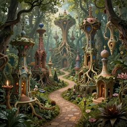 an epic elegant mysterious beguiling masterpiece fantasy matte painting of an impossible path winding through forest dream worlds with surreal architecture designed by heironymous bosch, structures inspired by heironymous bosch's garden of earthly delights, surreal root interiors by cyril rolando and asher durand and natalie shau, insanely detailed, whimsical, intricate, sharp focus, elite