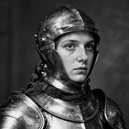 portrait of the face of the young joan of arc in heavy plate armor, hyperdetailed, dramatic, energetic, black and white, by christophe young, by greg rutkowski, by loish