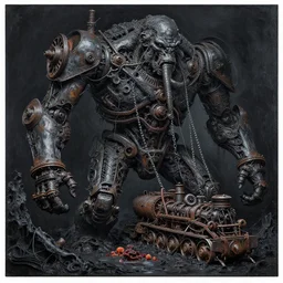 heavy black oil paint of intricate, sentient, dethroned goliath machine, turbines, hydrocracking, rusted, macerated, eviscerated by fimbria wires, whipping chains, locomotive innards, inside gangrene pit, fungal pit, by liam sharpe, alberto bontempi, shigeru komatsuzaki, wayne d barlowe, alex ross,