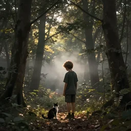 forest, boy with cat, fog, shadows, by james jean, beksinski zdzisław, johanna martine