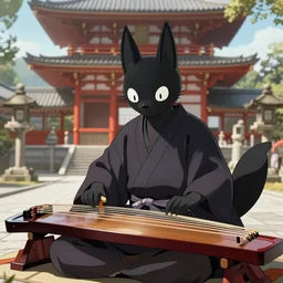 a black kitsune boy playing koto in front of a japanese temple, highly detailed, cg style, artstation trending, pixiv trending, Z.W. Gu style, Wlop style