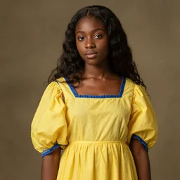 a beautiful african girl, she is wearing a yellow dress with blue trim, she has long hair, artemisia gentileschi