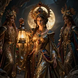 queen of the moonlit dead with her lantern and regalia, by Annie Swynnerton and Nicholas Roerich and jean delville, dramatic cinematic lighting , ornate headdress , flowing robes, lost civilizations, extremely detailed