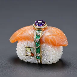detailed jewel figurine depicting sushi, made by faberge. macro photography.
