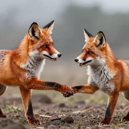 Fox and another fox handshaking vigorously on a battlefield, digital art, unreal engine render, highly detailed