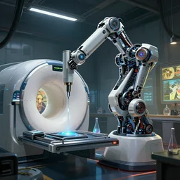 ( cyberpunk 2 0 7 7, bladerunner 2 0 4 9 ), a complex thick bifurcated robotic cnc surgical arm cybernetic symbiosis hybrid mri 3 d printer machine making a bio chemical lab, cinematic view, highly detailed, digital painting, artstation, concept art, smooth, sharp focus, illustration, art by artgerm and greg rutkowski and alphonse mucha