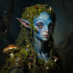 a close - up rococo portrait of an futuristic blue alien elf - like creature covered in moss, mushrooms, and swamp. night time. rich colors, high contast. gloomy, highly detailed 1 8 th century sci - fi fantasy masterpiece painting by jean - honore fragonard, moebius, and johfra bosschart. artstation