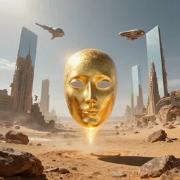 levitating glowing bene gesserit in full - face golden mask in a dry rocky desert landscape, sunny atmosphere, fata morgana giant mirrors, portal, death stranding, abandoned city, spaceship in the sky by christopher doyle and alejandro jodorowsky, anamorphic lens, kodakchrome, cinematic composition, very detailed photo, complex structures, 8 k,