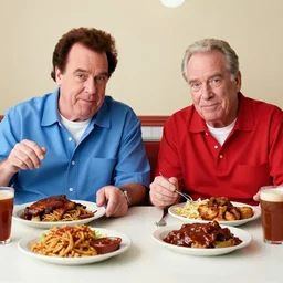 John candy and robin williams sitting in a diner, bbq sauce meals, photo
