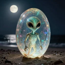an early 1 9 0 0 s photograph of an alien peeking out from a levitating luminescent alien egg on the beach, moonlight, at nighttime,