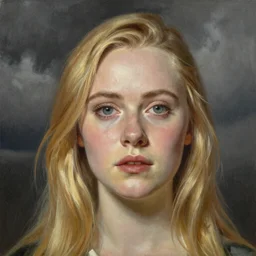 professional painting of Elle Fanning in the style of Asher Brown Durand, head and shoulders portrait, symmetrical facial features, smooth, sharp focus, illustration, intricate, stormy weather, extremely detailed masterpiece,