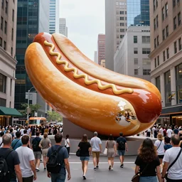 a photograph of a giant metallic hotdog sculpture in the center of a new york street, a large crowd have gathered, by Claes Oldenburg and jeff koons, chrome, silver, reflections, pop art, 3D render, Volumetric dynamic lighting, Highly Detailed, Cinematic Lighting, Unreal Engine, 8k, HD