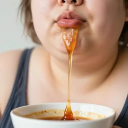 a high quality stock photo of a fat woman with gravy running down her chin
