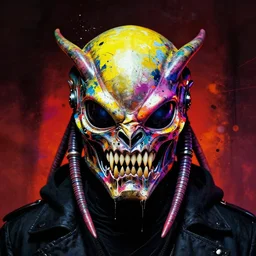 biopunk cyborg predator mask, by guy denning, sandra chevrier, simon bisley and fintan magee, ismail inceouglu, mystic high contrast, vivid colors, splatter, grunge