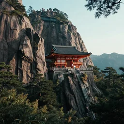 giant japanese temple in the mountains, rocks, trees, beautiful natural light, cinematic, amazing