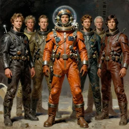 5 0 s pulp scifi fantasy illustration full body portrait man in leather spacesuit with round glass helmet, by norman rockwell, roberto ferri, daniel gerhartz, edd cartier, jack kirby, howard v brown, ruan jia, tom lovell, frank r paul, jacob collins, dean cornwell, astounding stories, amazing, fantasy, other worlds