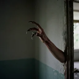 1 9 7 0 s photography, demon hand with claws coming out of dark corner in abandoned house