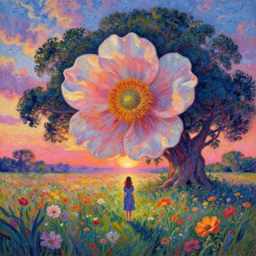 large flower head, girl standing in a flower field, surreal photography, big trees, sunrise dramatic light, impressionist painting, colorful clouds, digital painting, pointillism, artstation, simon stalenhag