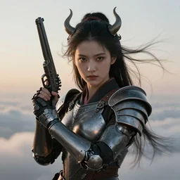 symmetry! closeup portrait of a beautiful biblical diabolical samurai girl holding a gun, bio cyborg armor, in clouds, cinematic studio light, windy, sunrise, by gerald brom, by mikhail vrubel, by peter elson, muted colors, extreme detail, trending on artstation, 8 k