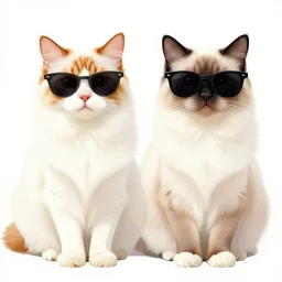 a detailed drawing of a white / orange colorpoint ragdoll cat and a white / grey colorpoint ragdoll cat, wearing sunglasses