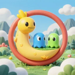 detailed round pacman, with ghosts, in a beautiful nature landscape with clouds, mountains, in background, sunset, by rhads, pacman