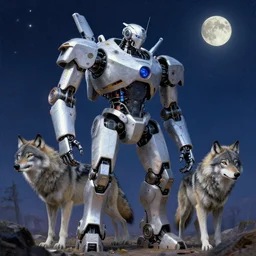 sirius, night, robot, wolf, 4 k, ultra realistic, beautiful colors, epic lighting, machines, high detail, masterpiece, trending on artstation by artgerm and akihito tsukushi and alphonse mucha, crayons