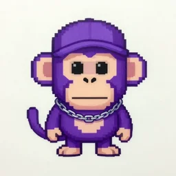 a frontal portait drawing of a purple pixel art monkey with a cap and a chain by inio, james jean, aya takano color style, trippy, 8 k, super detailed, night sky, digital art, digital painting, clean