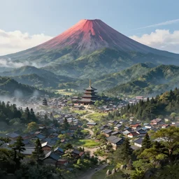 a powerful japanese village high in mountains, volcano, concept art, fantastic landscape, 8 k