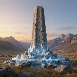 A beautiful hyper realistic detailed matte painting of the old rock magic altar of ice in a montane grassland landscape at sunrise, huge carved with runes ancient tower in the centre of composition, by John Howe and Andreas Rocha and Martin Johnson Heade and Albert Bierstadt, unreal engine, trending on artstation, barometric projection, rectilinear