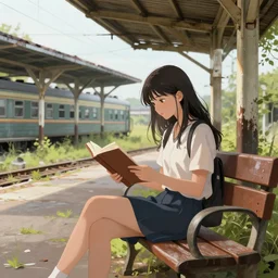 a beautiful girl sitting on a bench reading at an abandoned overgrown train station, old train station, establishing shot, digital anime painting. wlop, art by rossdraws, art by ross tran, art by bluesssatan, detailed artwork