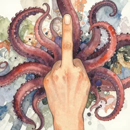 tentacles and fingers artwork by yoshitaka amano, watercolors background, collage
