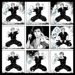 scarlett johansson, symmetrical kung - fu master breaking ice blocks in various ways in each panel scene, scenes by david finch, black and white, afro samurai manga style