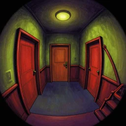 dimly lit, theater access corridor, 3 doors, 1 staircase, color draw, day of the tentacle style, fish eye, drawn by Scott C
