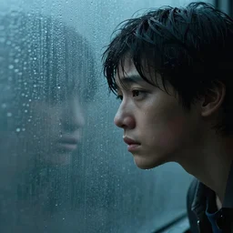 young person looking through water wall, with clear glass, melancholic, sad, lots of raindrops, detailed, cinematic, dramatic lighting, by al feldstein