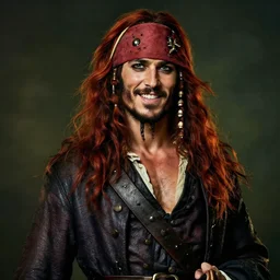 portrait painting of a 3 0 years old rugged masculine muscular male seductive pirate amused expression long long hair soft hair flowing hair crimson hair upper body only chest hair long coat elegant rugged handsome unreal render cinematic lighting art 1 9 2 0 period drama by bussiere rutkowski andreas rocha