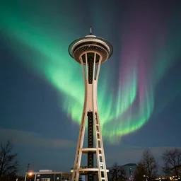 intense rainbow aurora above space needle centered film long exposure fuji wide angle national geographic