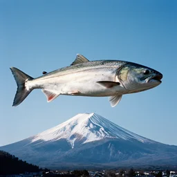 An analog color photography of a massive gigantic fish hovering over mount fuji. cinematic. photoreal.