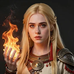 elle fanning as an azctec warrior, detailed perfect face, exquisite details, fire magic, mid view, design on a white background, by studio muti, greg rutkowski makoto shinkai takashi takeuchi studio ghibli