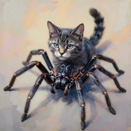 painting of hybrid spider! & cat, intercrossed animal, cat has eight legs, by zdzislaw beksinski, by lewis jones, cold hue's, warm tone gradient background, concept art, beautiful composition, digital painting