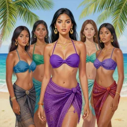 portrait of beautiful manipuri girl on vacation on caribbean island, wearing purple bikini top with skirt. intricate painting by ross tran, magali villeneuve, and jeremy mann.