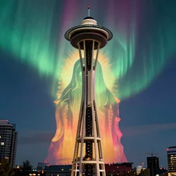 gigantic radiant virgin mary silhouette strongly layered into intense vivid aurora above space needle centered big sky film long exposure fuji wide angle national geographic