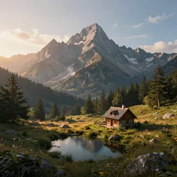 a beautiful fantasy landscape, mountain in background, little cottage, small pond, some trees in the corner, sunrise, hyper realism, octane render, art by philipp urlich