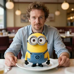 seth rogan seated at a restaurant, minion on the plate in front of him cut in half like a steak, instagram