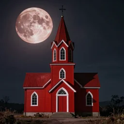 creepy red church in blood moon, desktop background, high definition